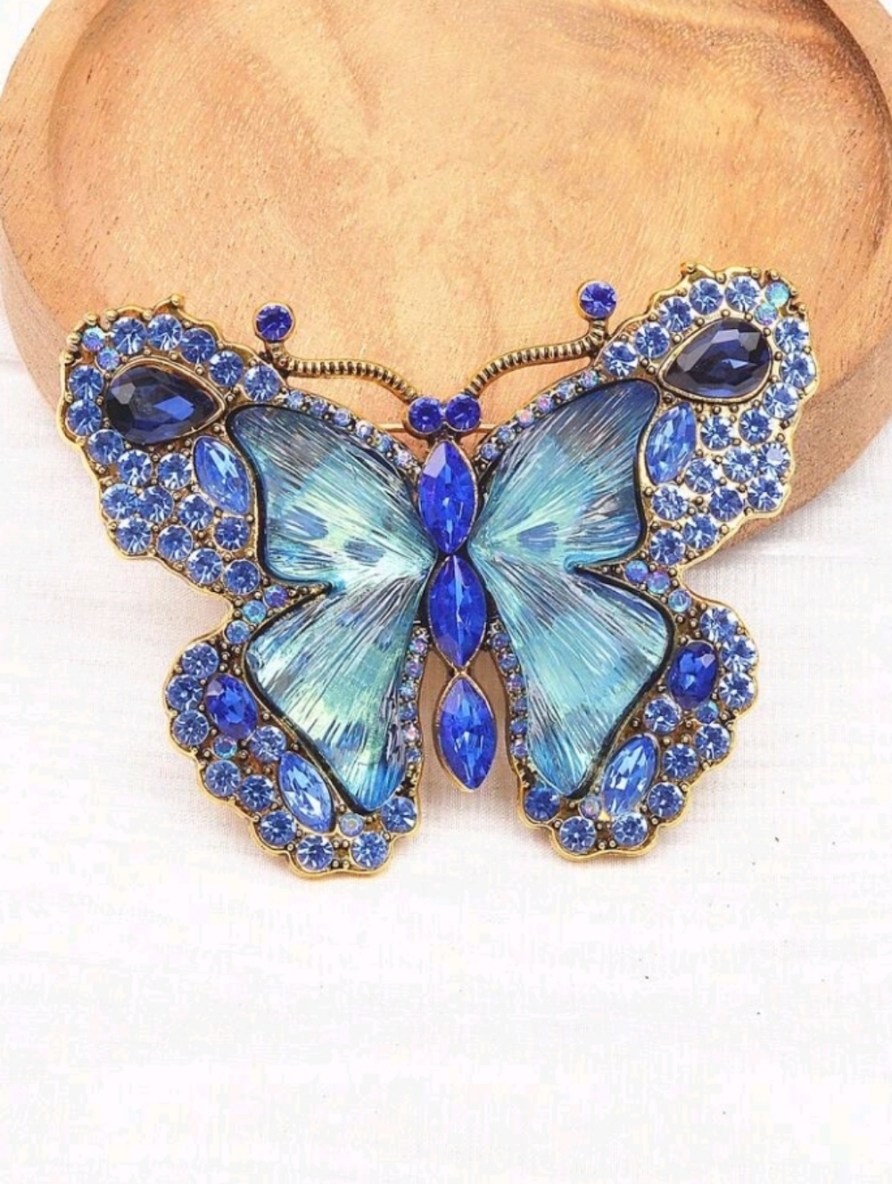 Blue Butterfly Rhinestone Large Brooch with Gold Accents